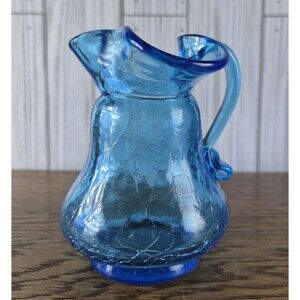Vintage Hand- Blown Blue Crackle Glass Mini Pitcher, Creamer or Vase 3.5"x3"
